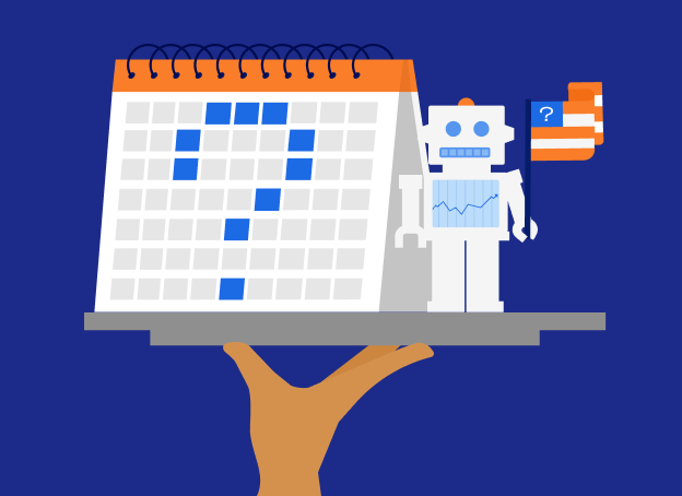 This is an illustration of a calendar, question mark, and robot.