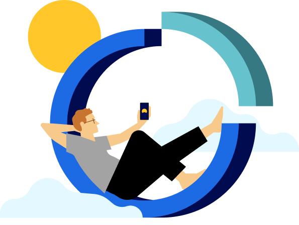 human sitting inside pie chart with phone in hand