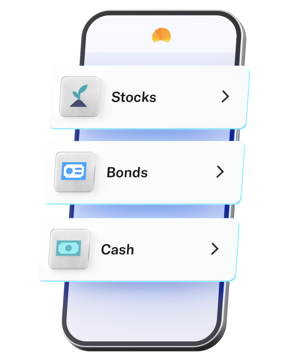 A phone with stocks, bonds, and cash as options on the screen.