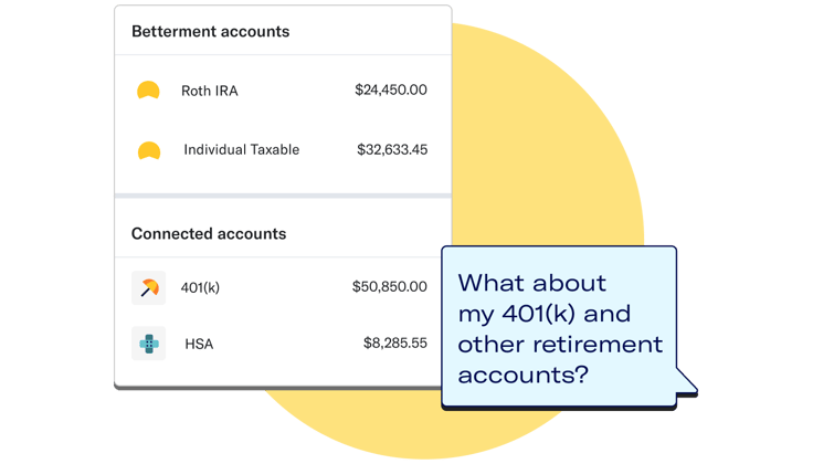 Betterment Roth IRA, Individual Taxable, connected 401(k) and HSA accounts, and question “what about my 401(k) and other retirement accounts?”.