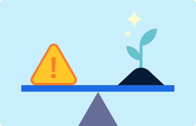 A risk sign and a growing plant on a balancing scale.