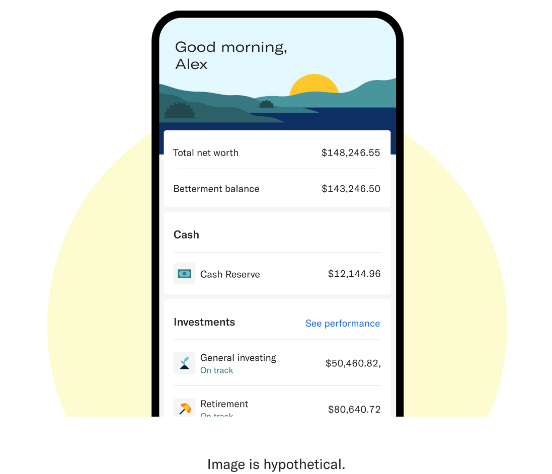 Phone with betterment account home screen showing total net worth, balance fir cash reserve, general investing, and retirement accounts