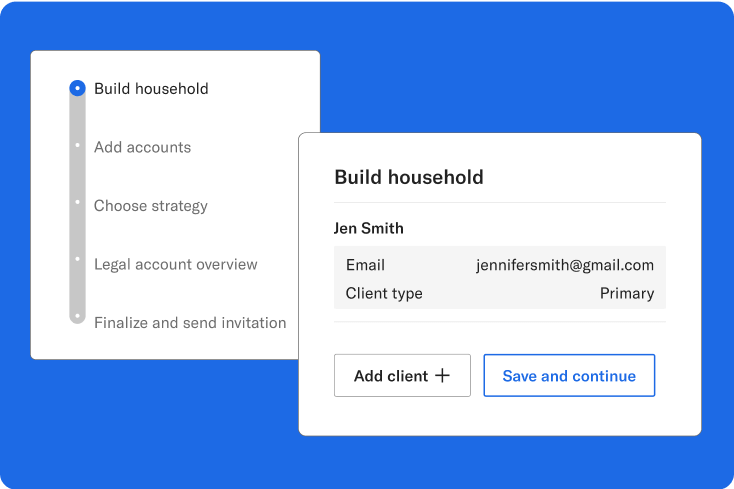 User interface displaying account set up steps for Jen Smith, the steps include add account, choose strategy, legal account overview, and finalize and send invitation.