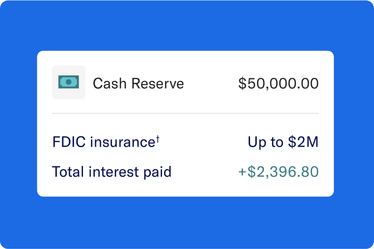 User interface showing cash reserve amount, FDIC insurance, and total interest paid.